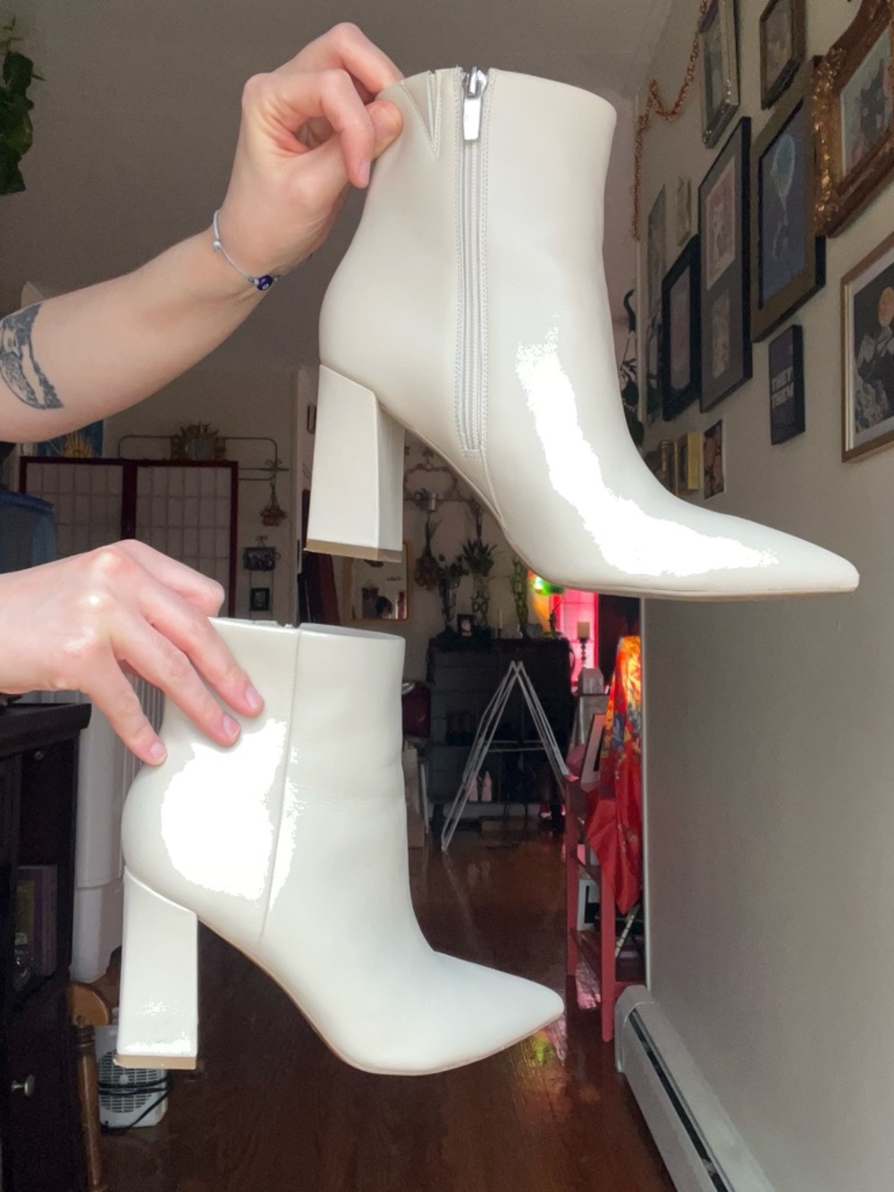 Marc Fisher Cream Patent Pointed-Toe Block Heel Ankle Boots